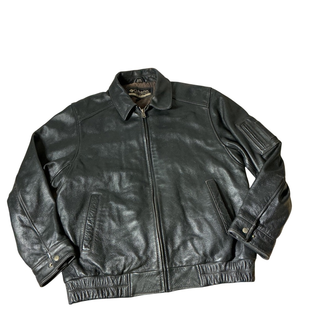 Columbia Sportswear Gorpcore Biker Mens XL Black Leather Bomber Jacket Full Zip